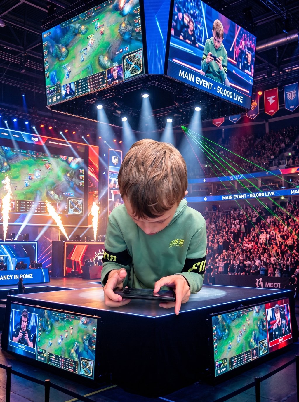 A young gamer plays on a mobile device at a large esports tournament arena with live audience and screens.