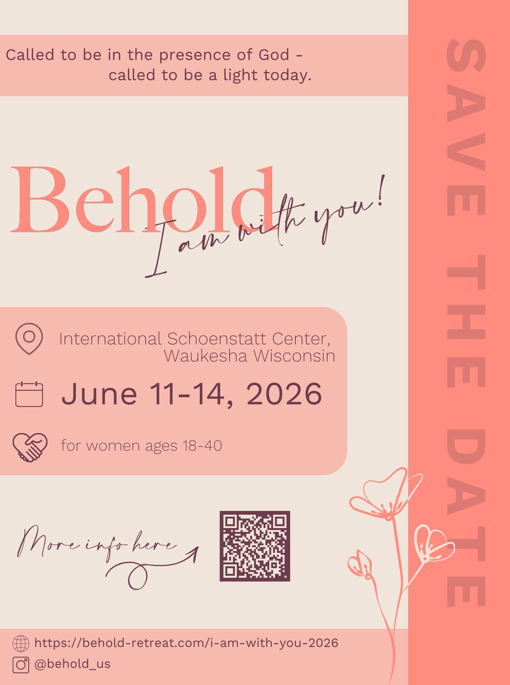 Save the date flyer for Behold women's retreat in Waukesha, Wisconsin, June 11-14, 2026.