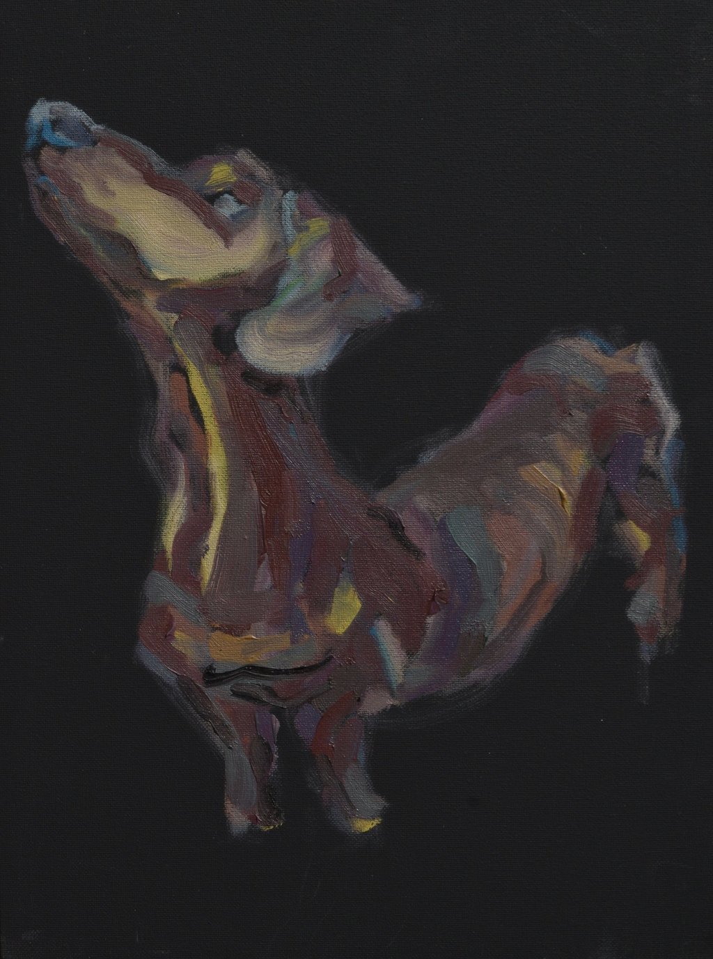 Dog in shelter oil painting by Lina Mikuzyte