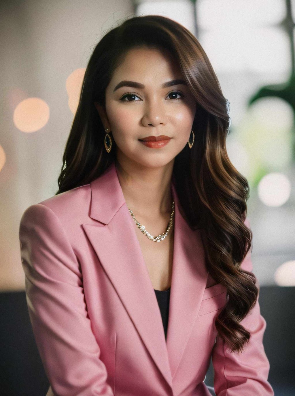 a woman in a pink suit and earrings