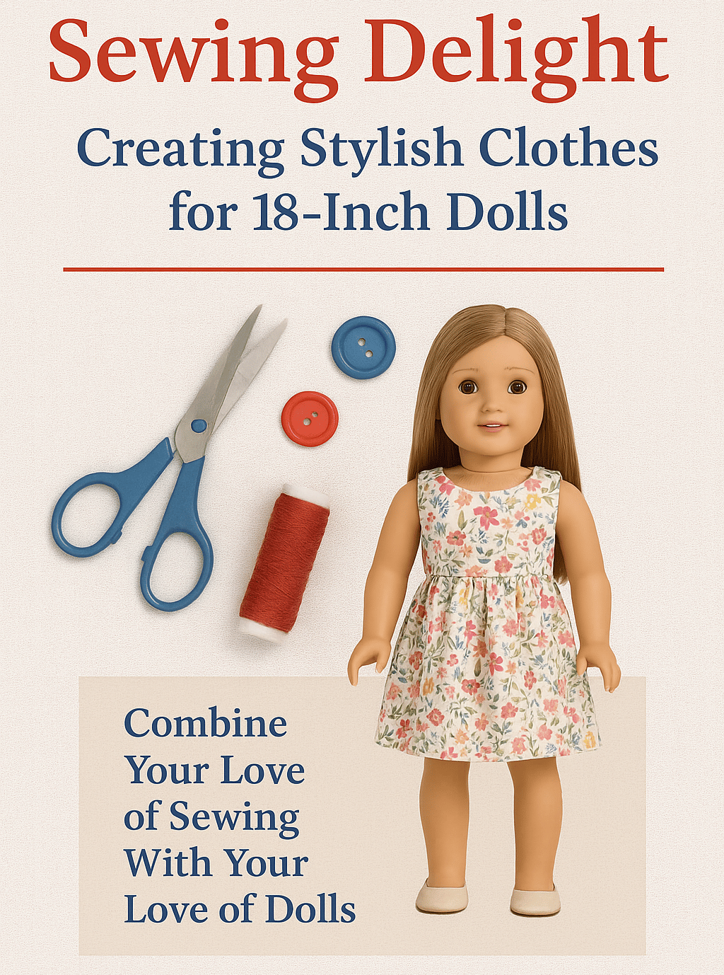 A promotional digital graphic features a sewing-themed layout with a pair of scissors, red thread, b