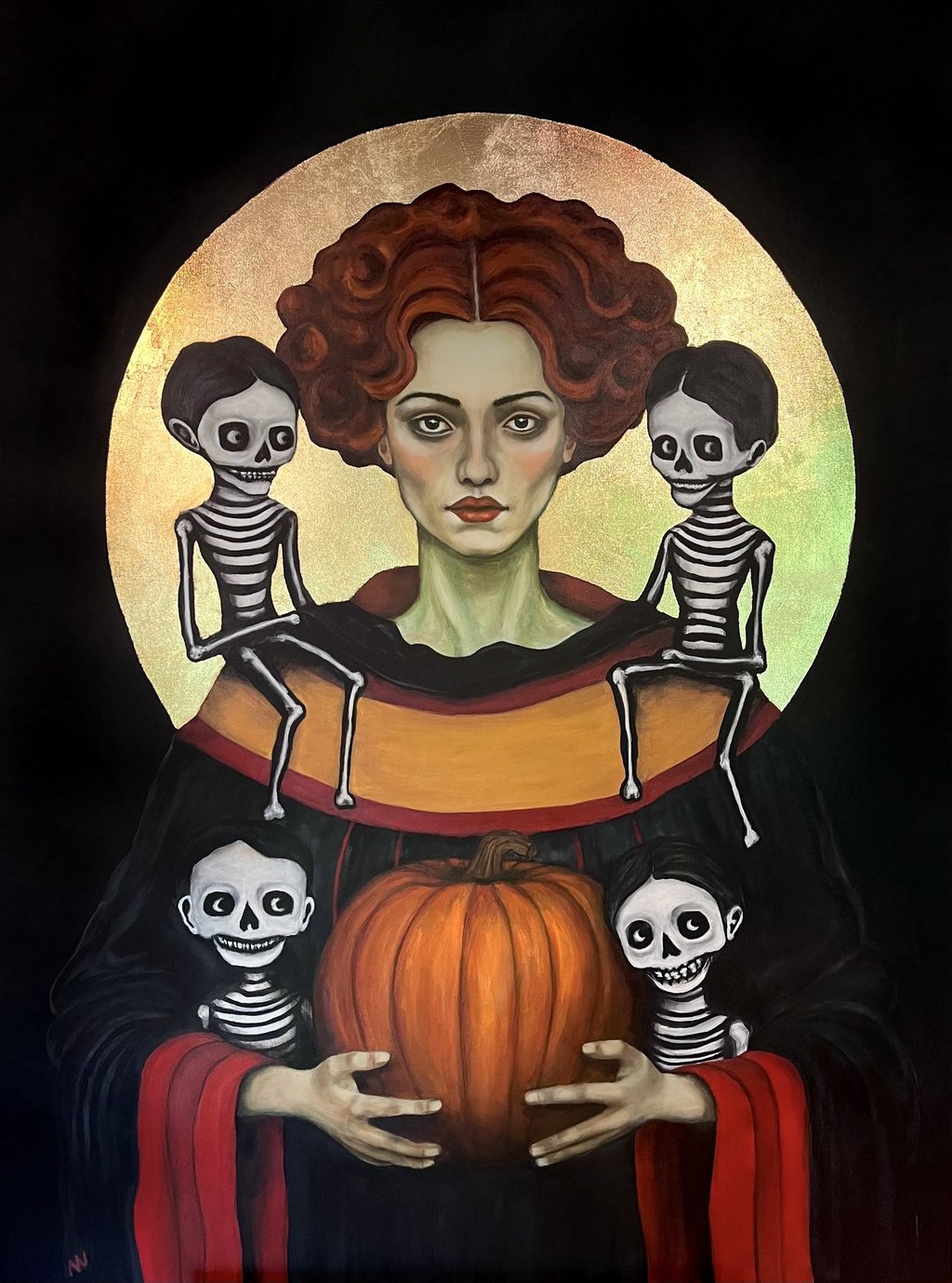 Large-scale acrylic painting “Perséphone et ses Minions” by manef, depicting the mythological figure