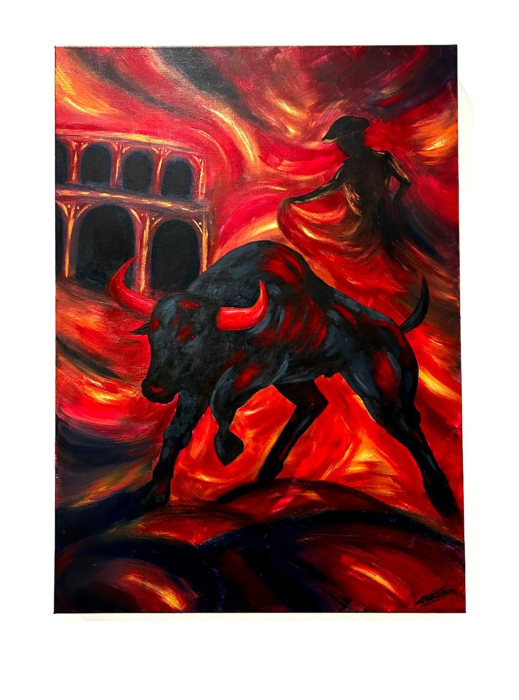 a painting of a man riding a bull in a red and black and white painting