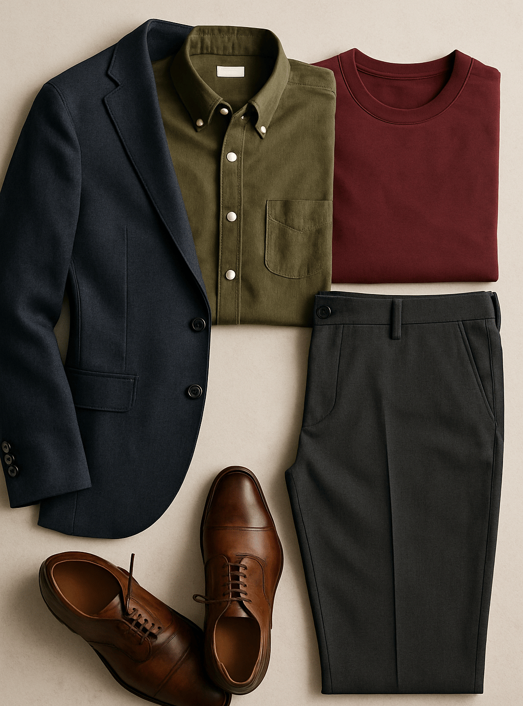 “Men’s capsule wardrobe outfit with blazer, shirt, trousers, and shoes.”