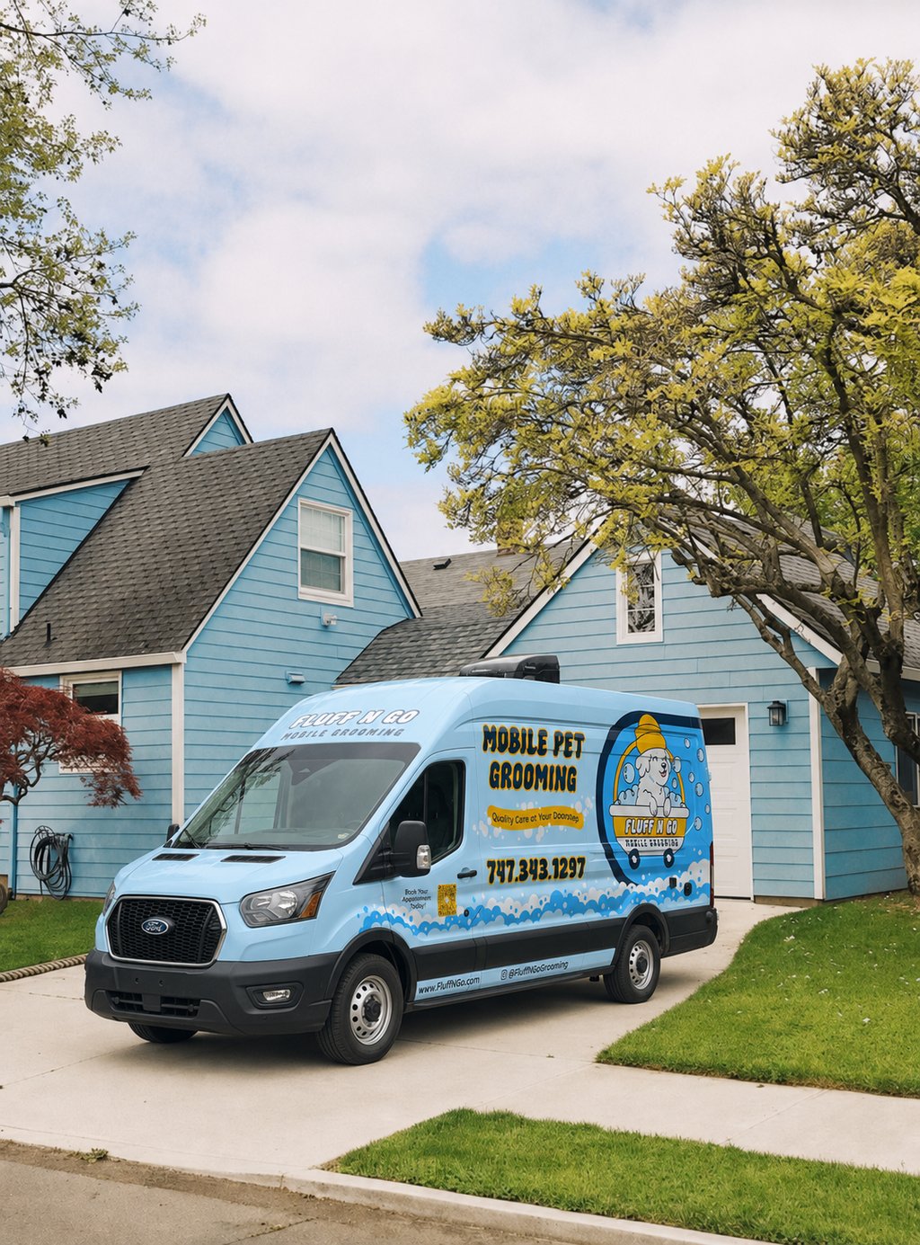 Fluff N Go mobile pet grooming van parked on a driveway in a Los Angeles neighborhood
