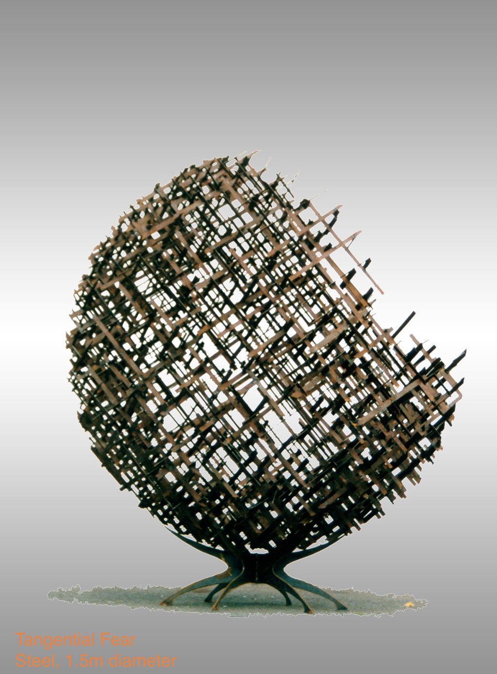 a copper plated steel cross-hatched sphere shaped sculpture side view
