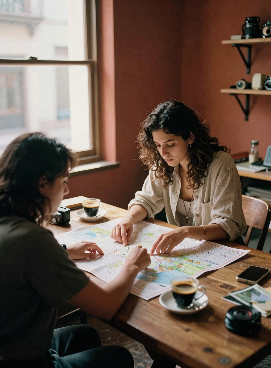 Dos personas planificando una ruta de viaje en un mapa de papel mientras están sentadas en la mesa de una cafetería con café.