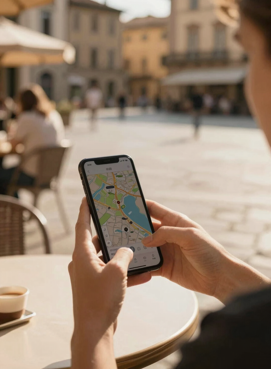 Persona utilizando aplicación de navegación GPS en su teléfono inteligente mientras está sentada.