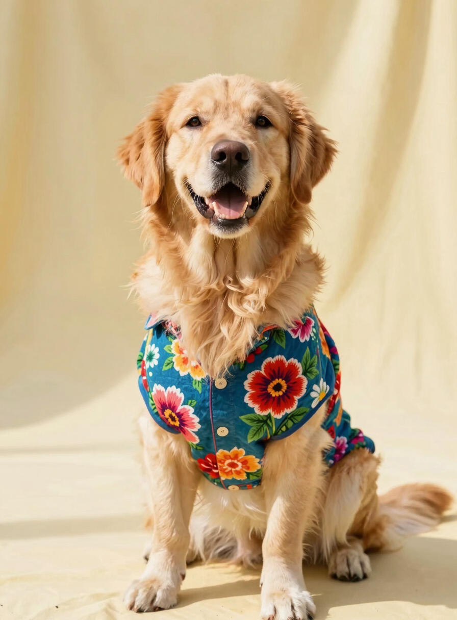 A smiling golden retriever dog wearing a colorful floral Hawaiian pet shirt against a yellow background.