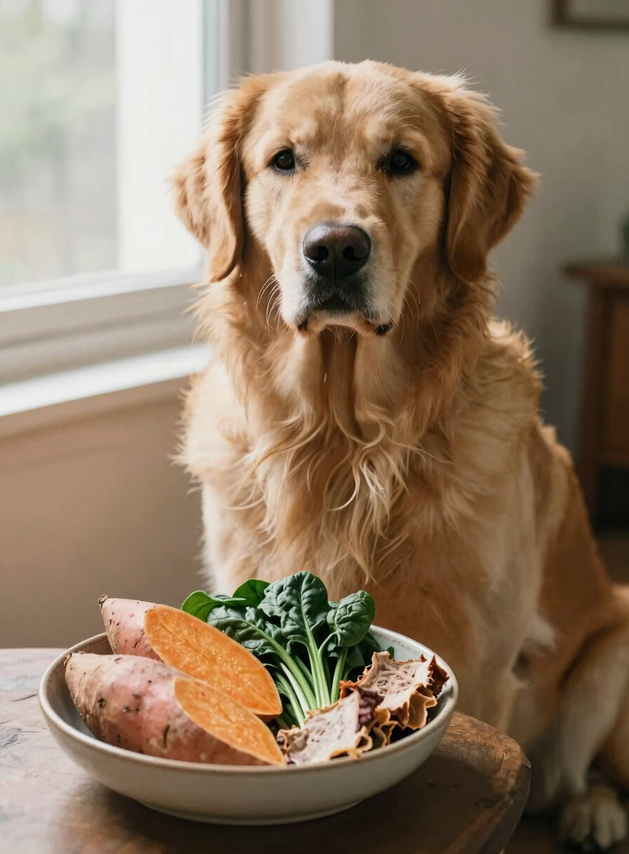Perro golden retriever con alimentos sanos
