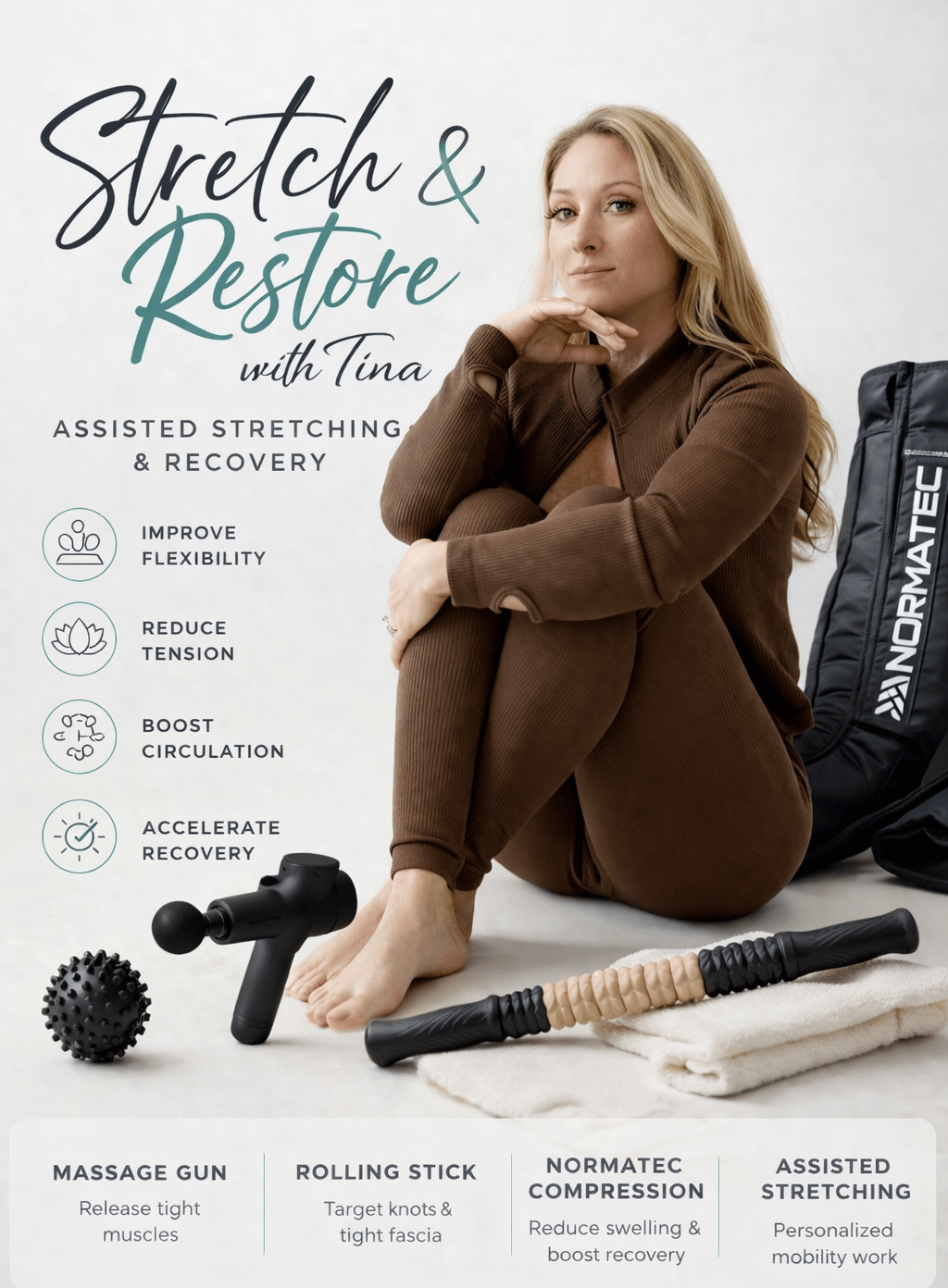 A fitness trainer sitting with assisted stretching tools like a massage gun, foam roller, and Normatec compression boots.