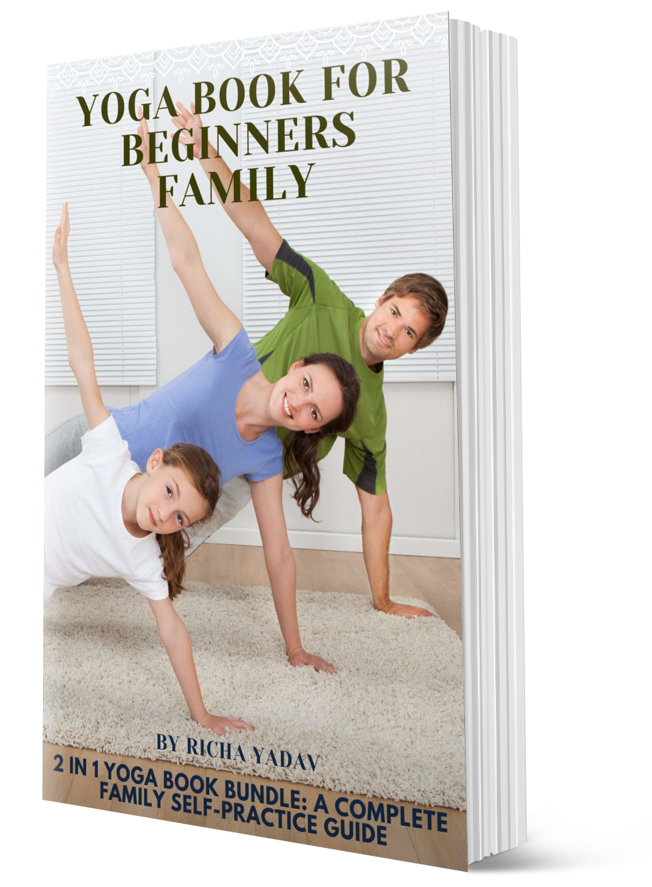 a child and her two parents doing yoga poses. Yoga book cover.
