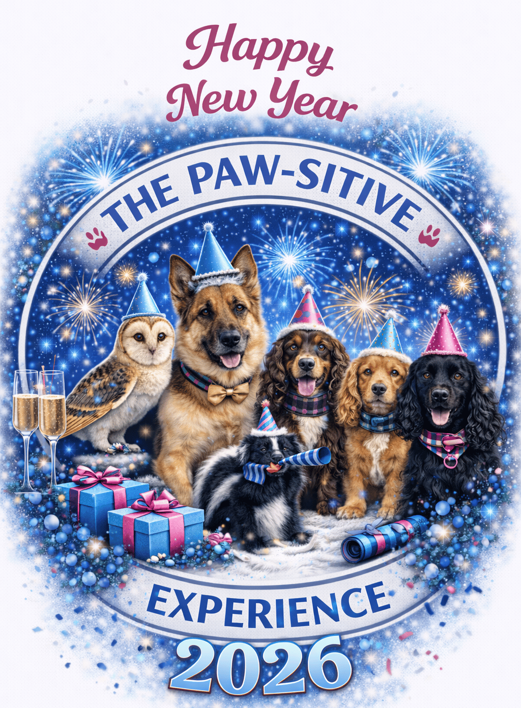 Happy New Year 2026 celebration image for The Paw-sitive Experience with their dogs, owl and skunk in festive party hats