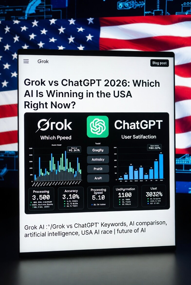 Grok vs ChatGPT 2026 comparison infographic with Grok 4 and ChatGPT logos side by side