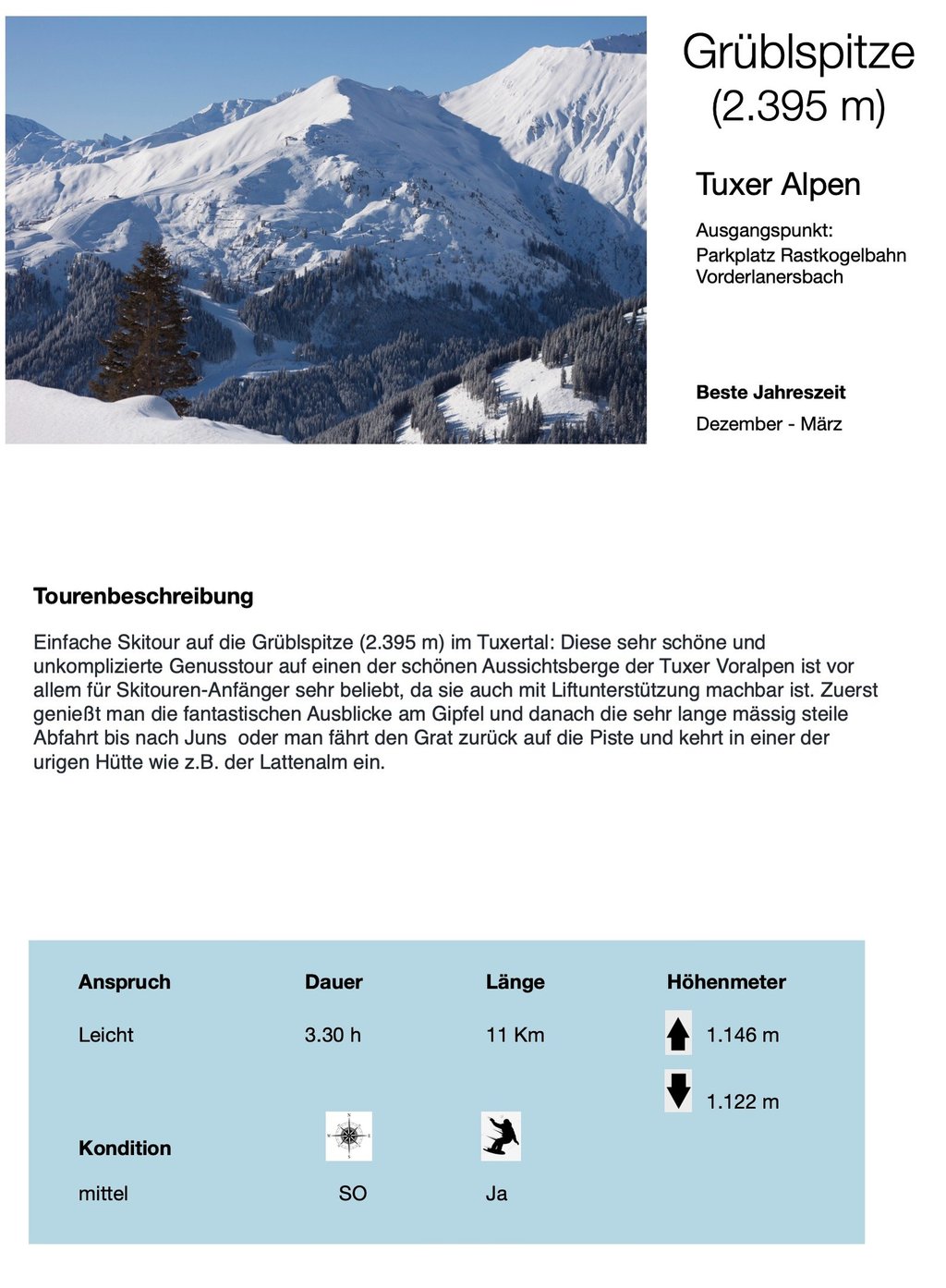alt= "Skitour in Tux Grüblspitze Skitourenbeschreibung Freeride, Tuxer Alpen, Eggalmbahn"