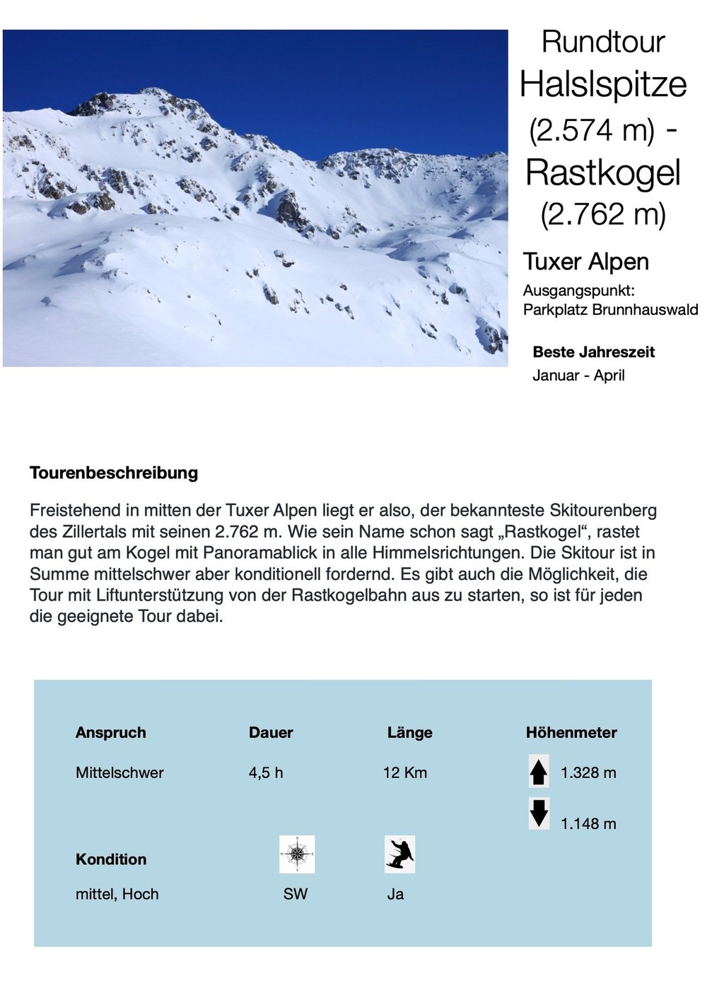alt= "Skitourbeschreibung, Halsspitze, Rastkogel, Skiführer, Tuxertal, Tux, Panoramablick"