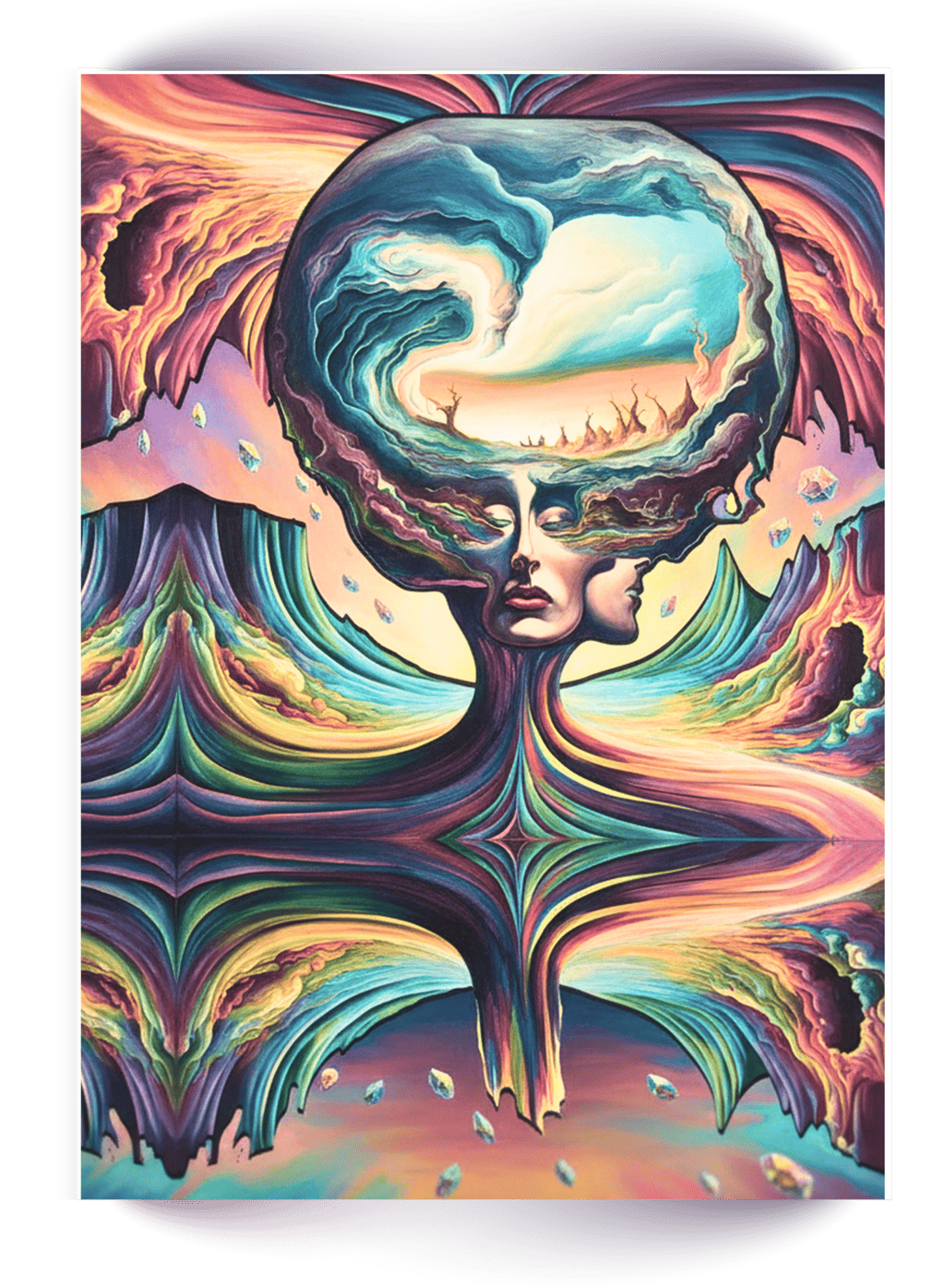 Colored in surreal coloring page of a fantasy world 