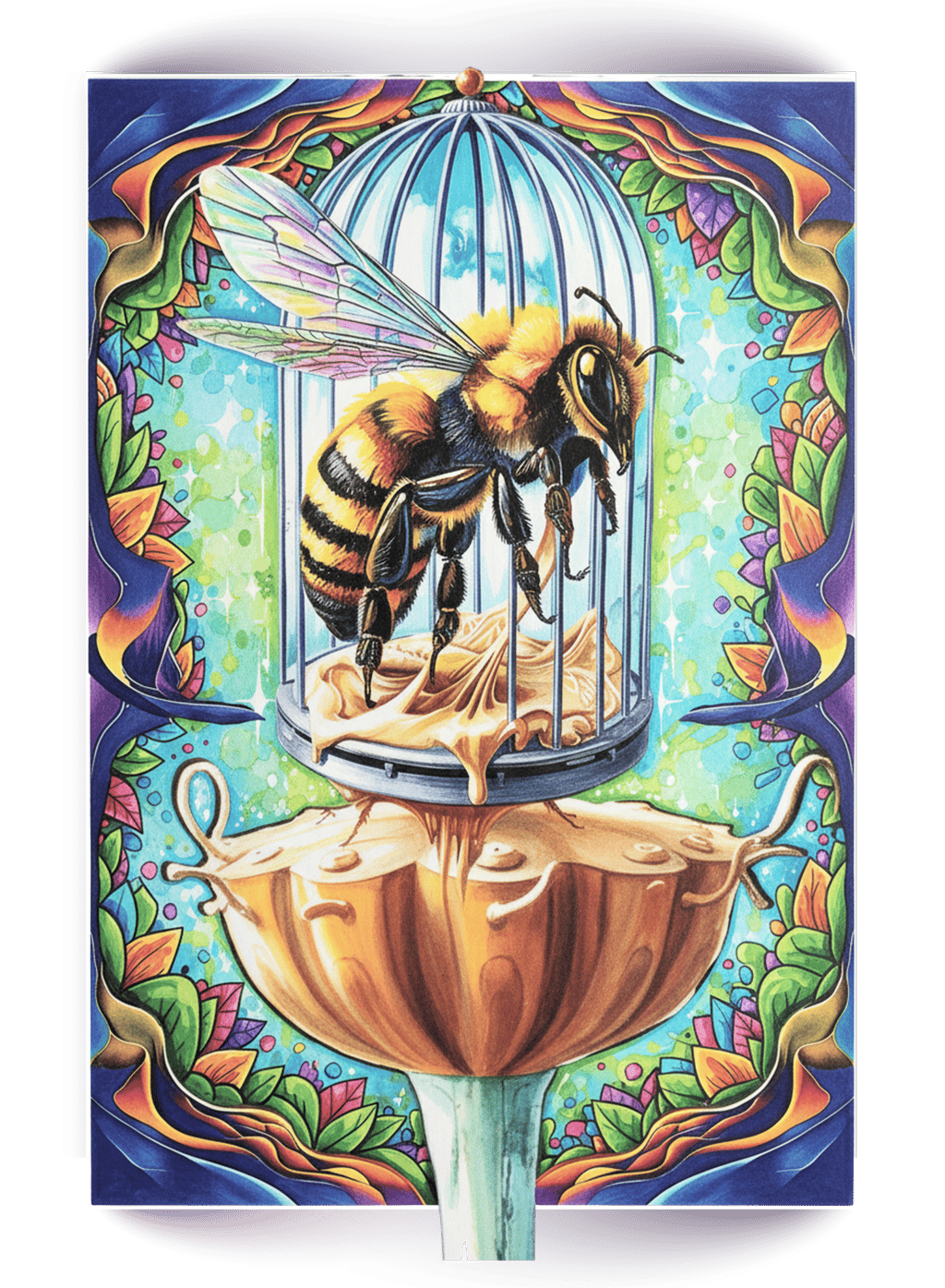 Surreal colored bumblebee inside a birdcage dripping with golden honey on a floral stand.