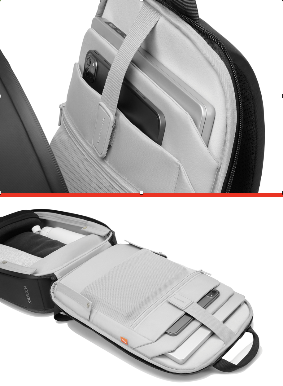 Open laptop backpack with padded compartments for a MacBook, iPad, and smartphone.