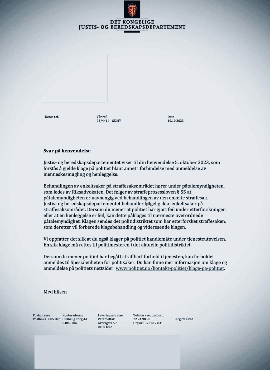 Document from Ministry of Justice Public Security about Zainab Abdulkarim and the Oslo Police