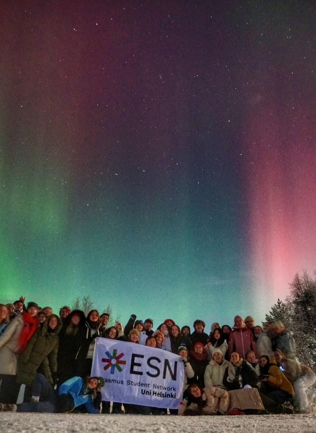 a group of people standing in front of a green and purple sky with auroras in the background