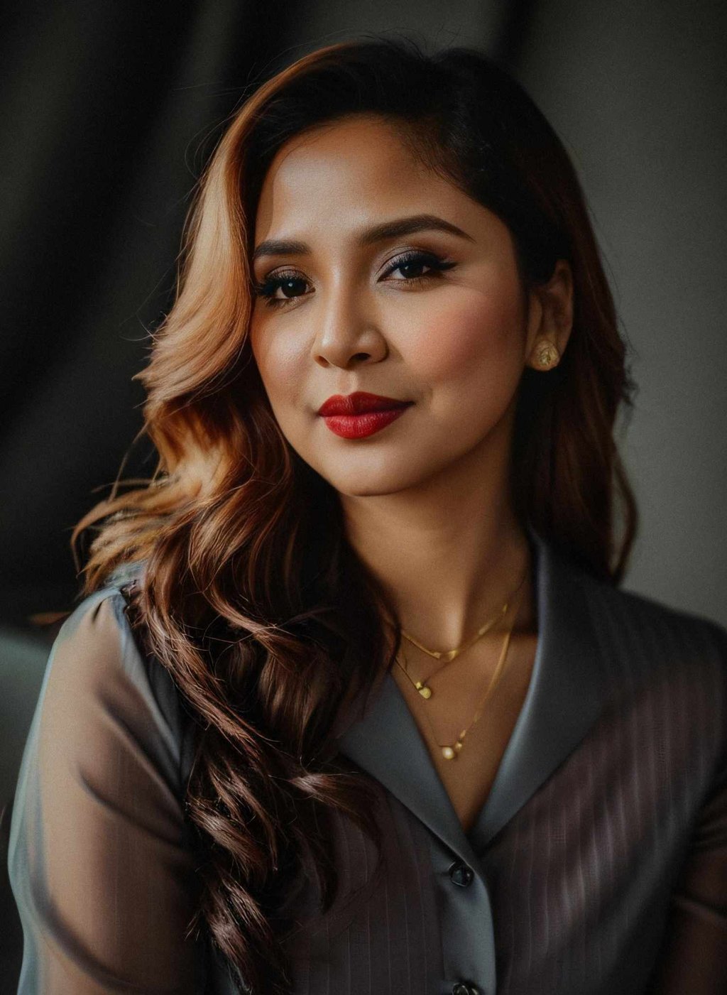 a woman with long hair and a necklace