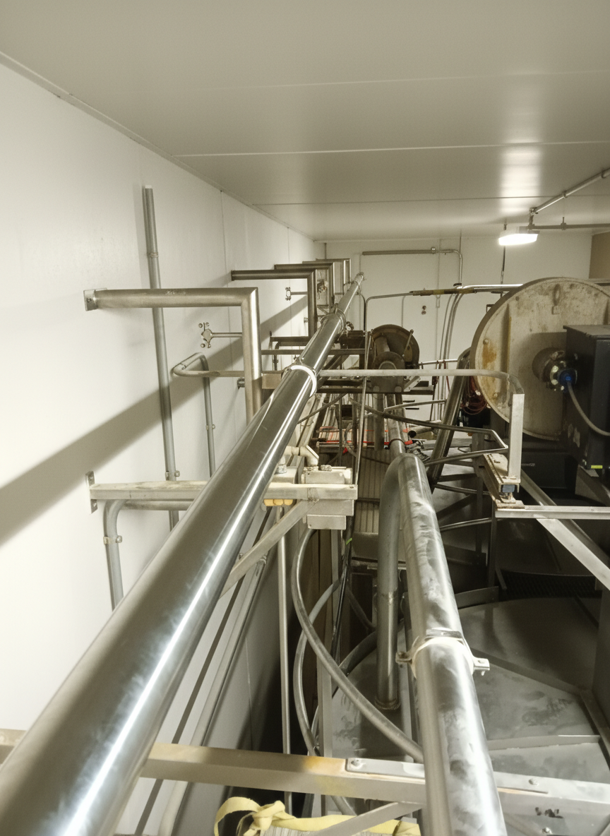 Industrial stainless steel hangers and piping and prong equipment in a production facility.