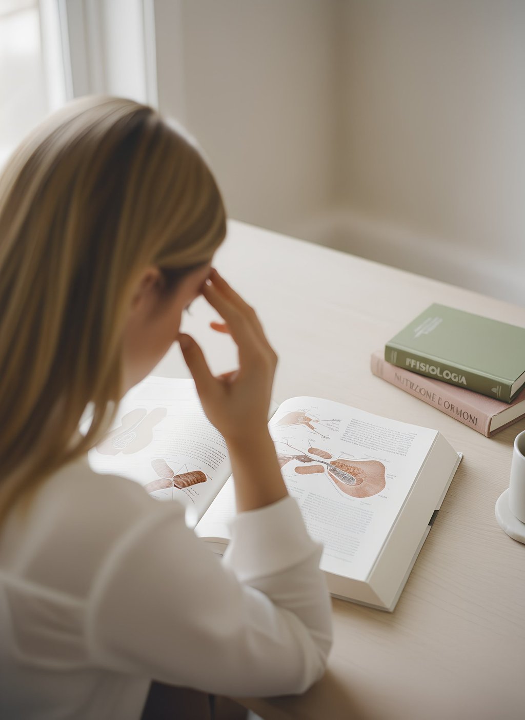 Valeria Angeletti, wellness coach di Metabolika, seduta al tavolo con libro e tazza di caffè