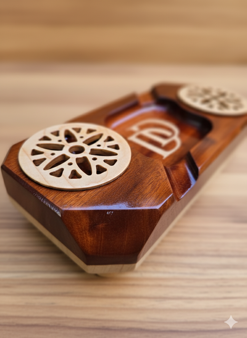 Handcrafted premium wood whiskey and cigar holder with personalized engraving, a unique gift item.