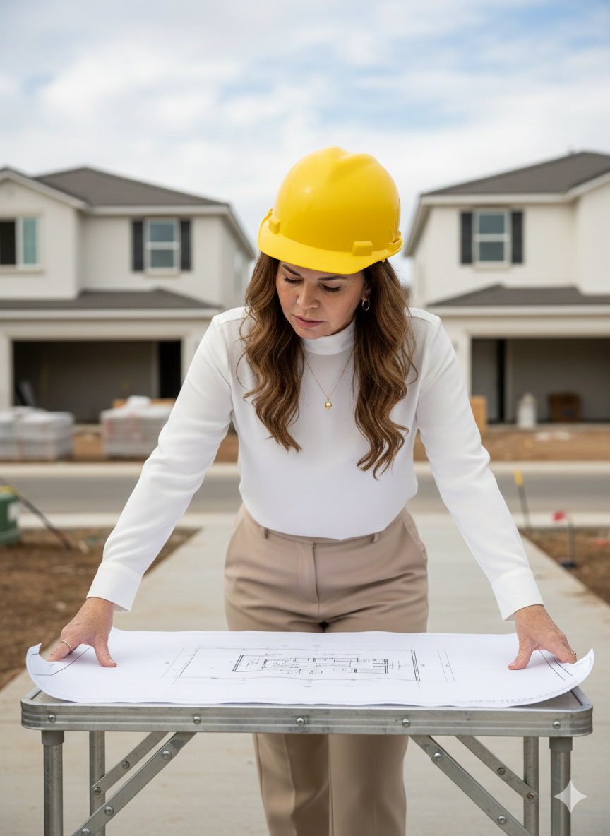 Female engineer in a yellow hard hat reviewing house blueprints at a residential construction site.