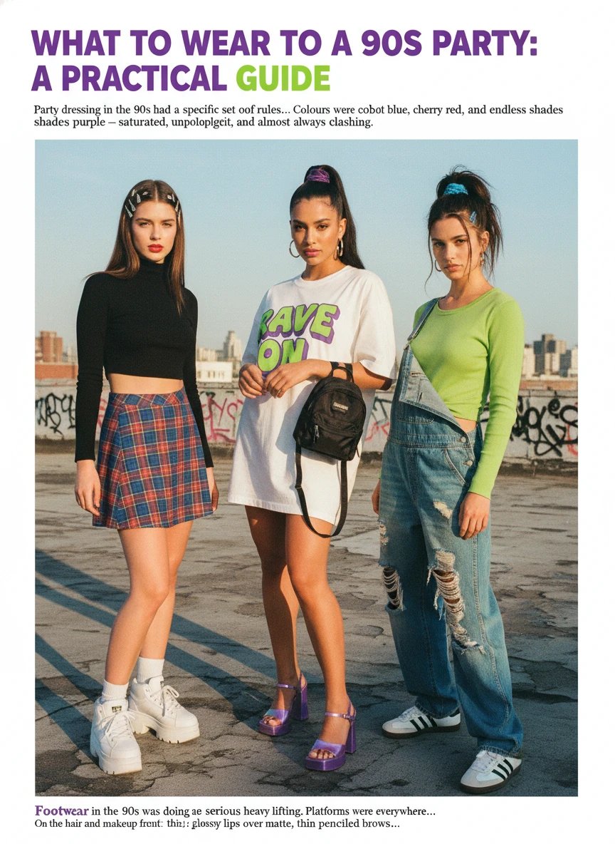 Women in 90s party outfits with bold colors, crop tops, denim, and retro accessories.