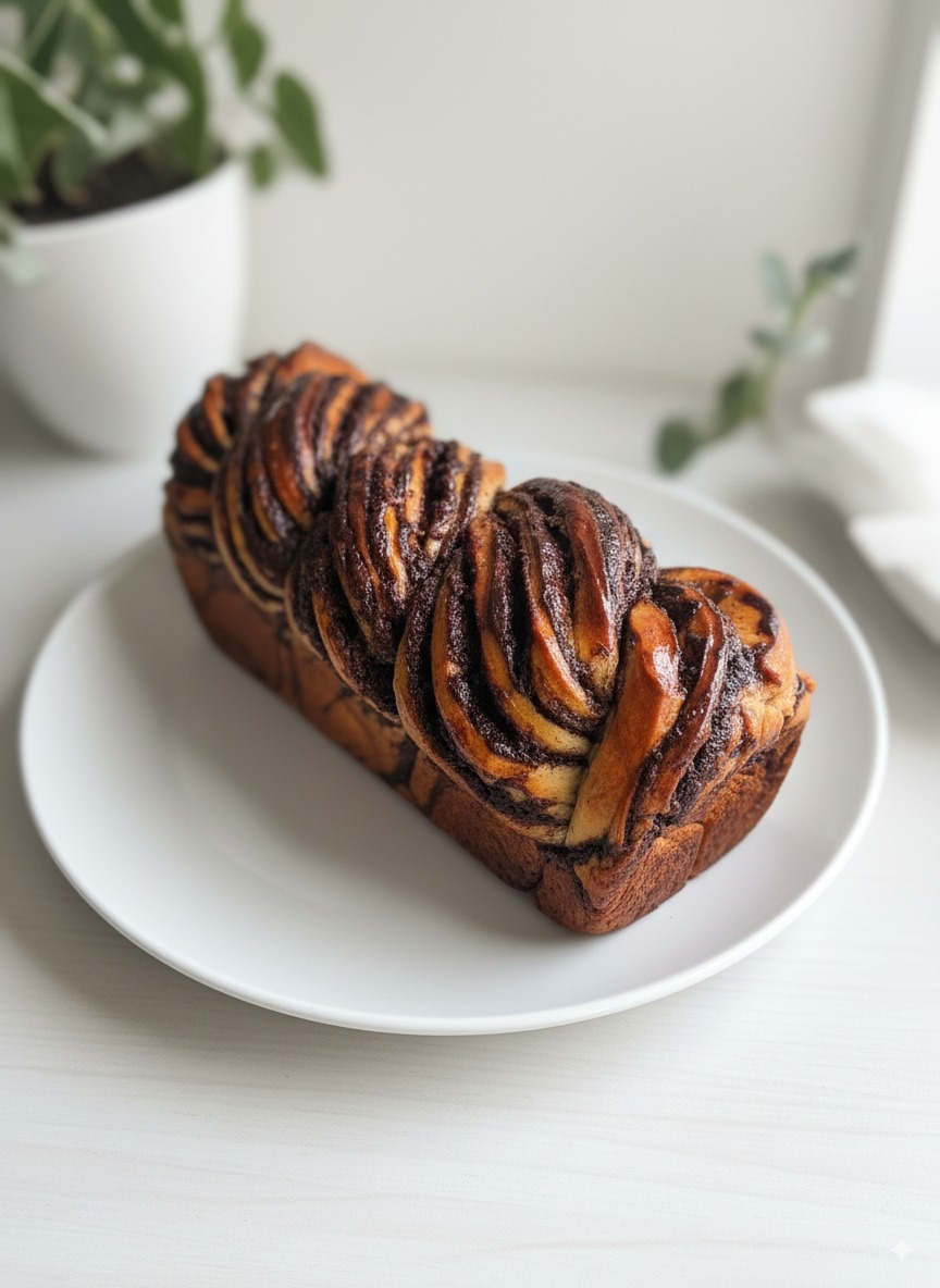chocolate milk bread babka on a plate