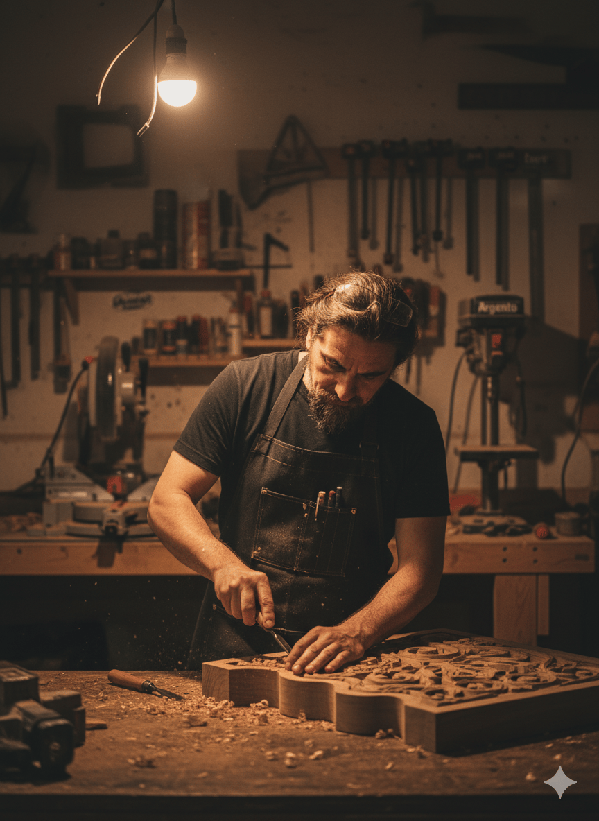 Ruben, owner of Argento Woodshop,carving a custom wood sign in his Townsend, MA workshop