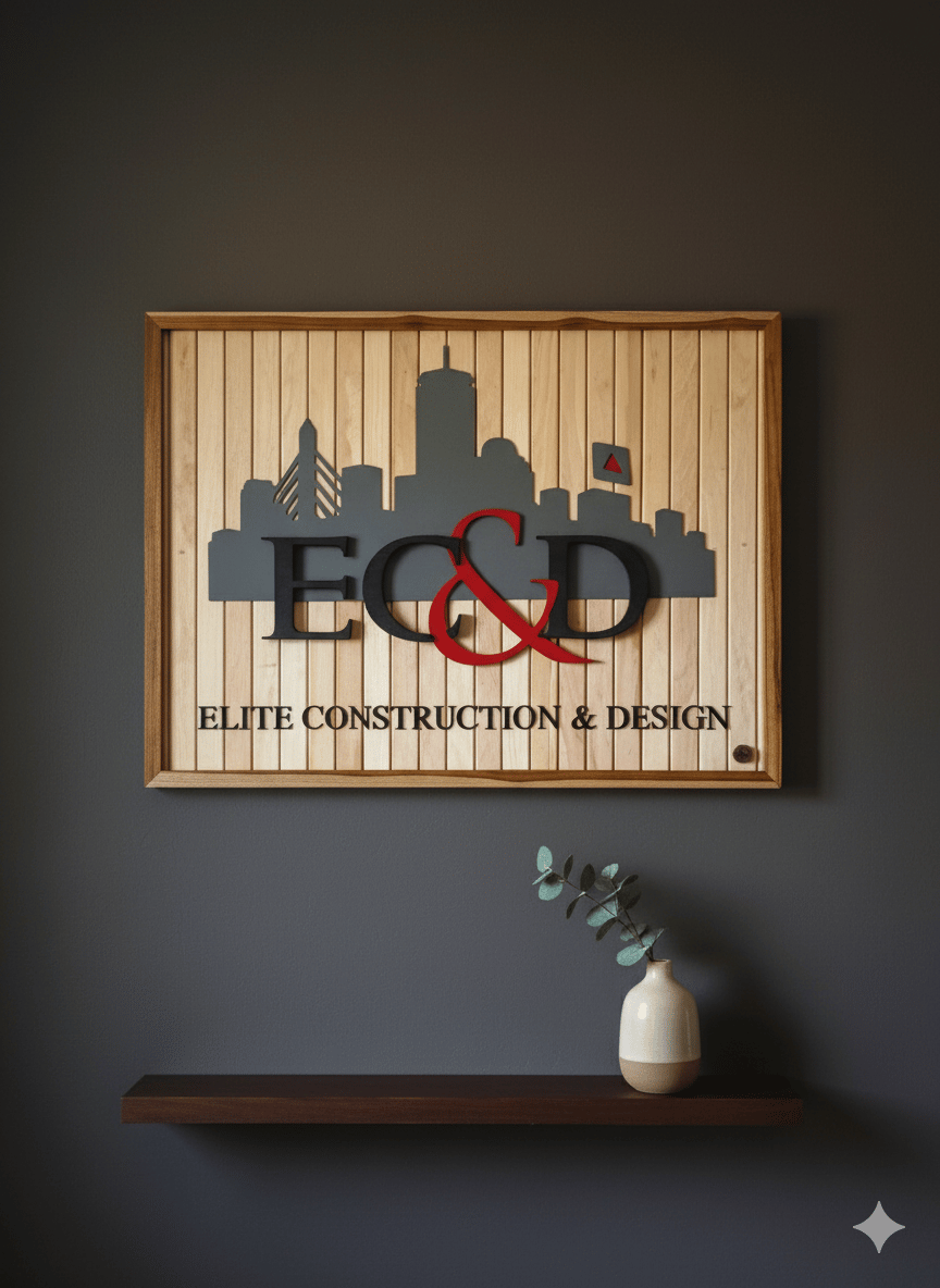 Custom reclaimed wood business sign for Elite Construction & Design (EC&D) with CNC engraved element