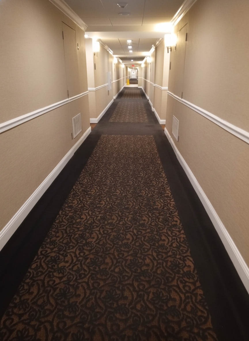 Professional deep steam cleaning results on a high-traffic hotel hallway carpet in Cumberland, RI, p