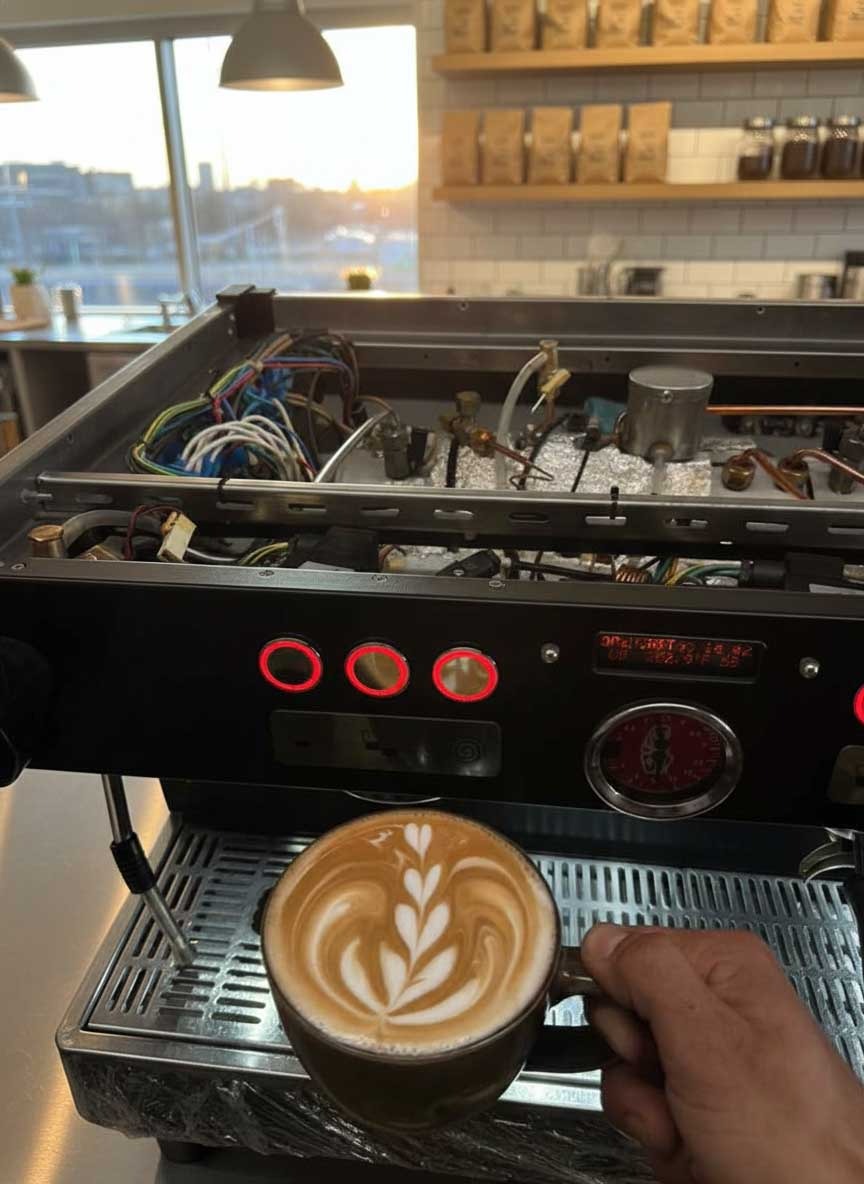 Specialized technician performing internal maintenance on a commercial espresso machine in a local c