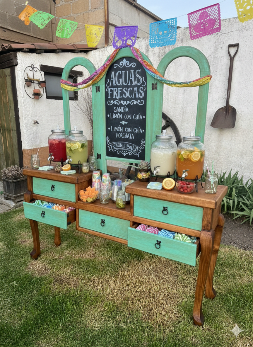 Rustic Aguas Frescas bar with drink dispensers and colorful Papel Picado decorations at an outdoor party.