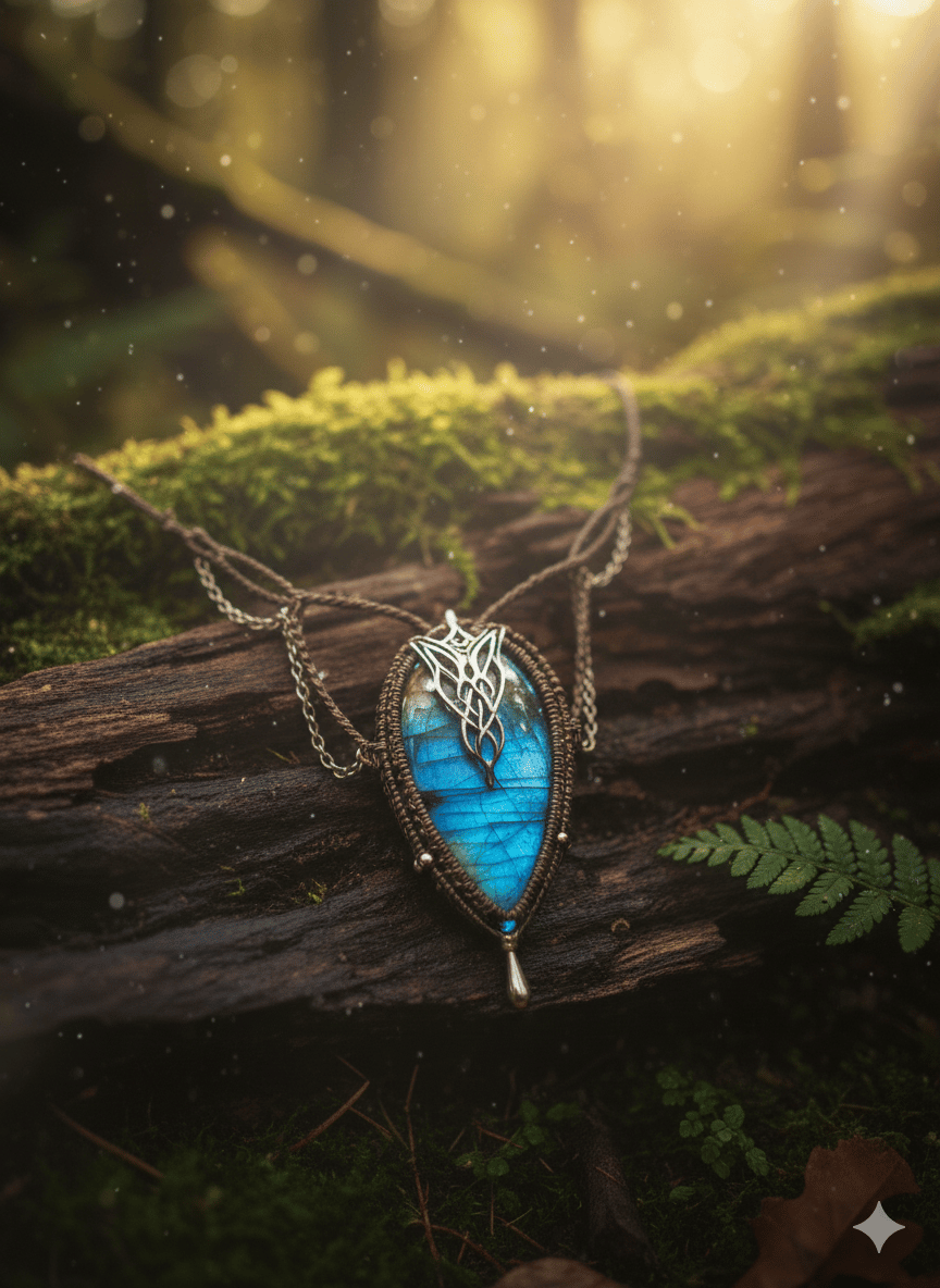 Collier micro macramé marron avec labradorite bleu moon valley