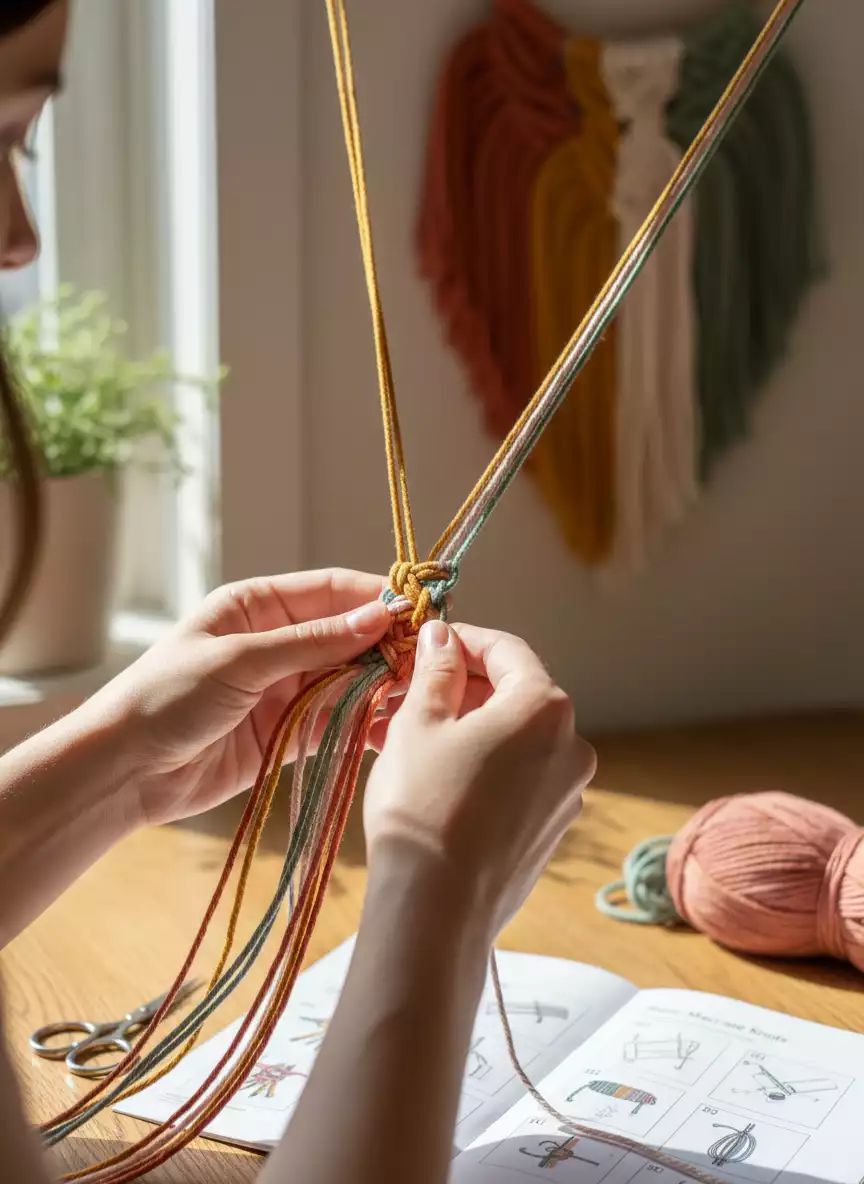 nudos de macramé a mano con cordón de algodón de colores