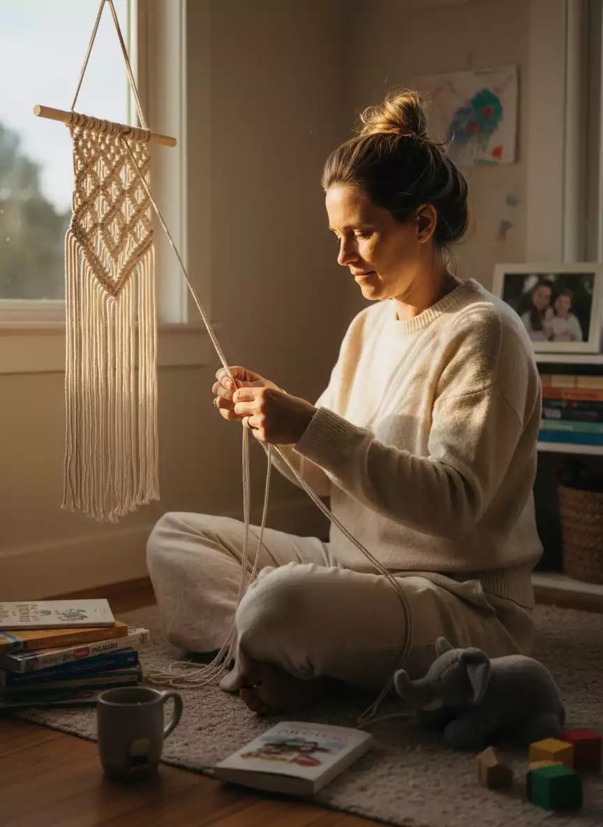 mujer se sienta en el suelo de su casa creando un colgante de pared de macramé