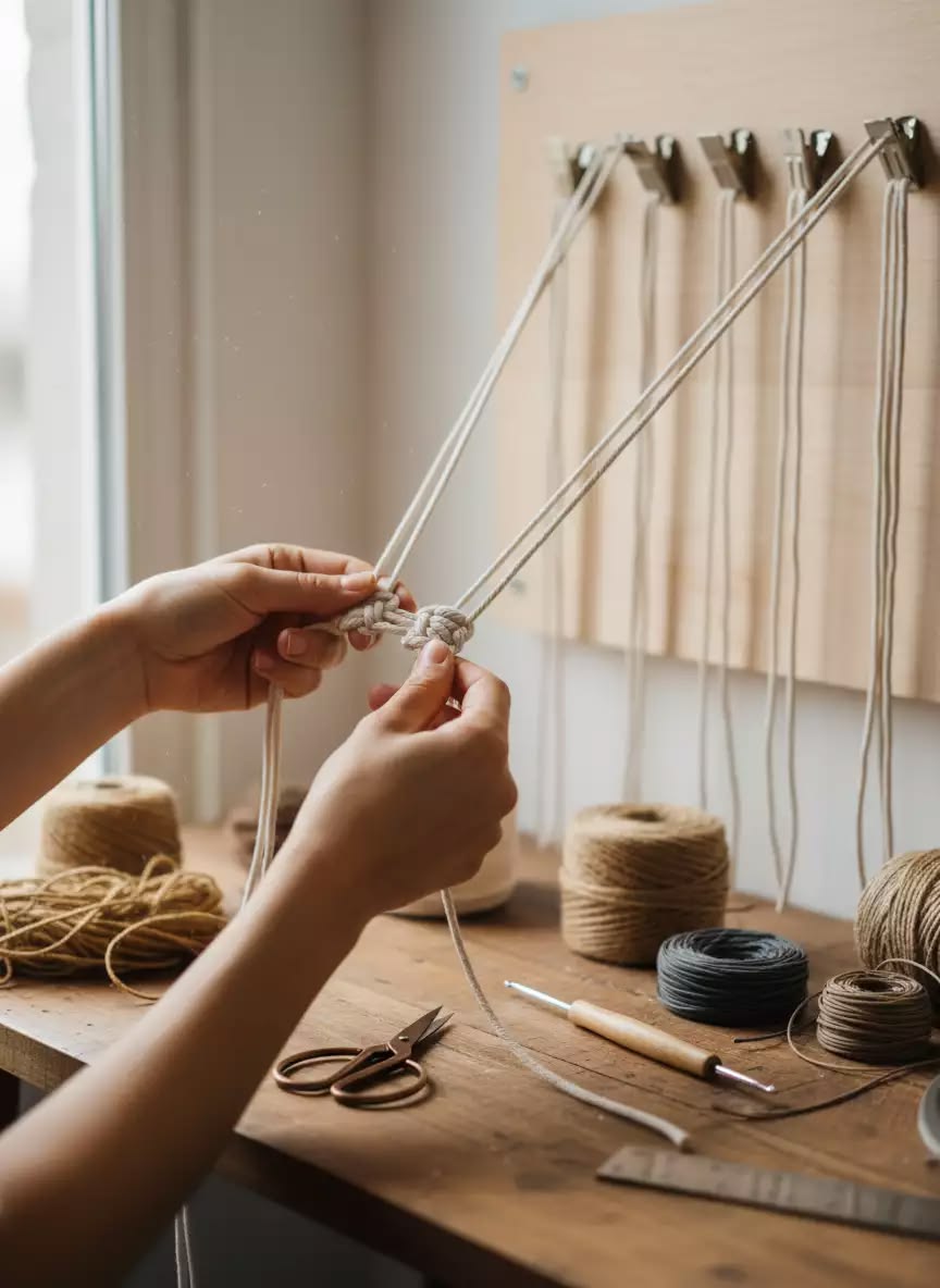 Una persona ata nudos intrincados para un proyecto de macramé