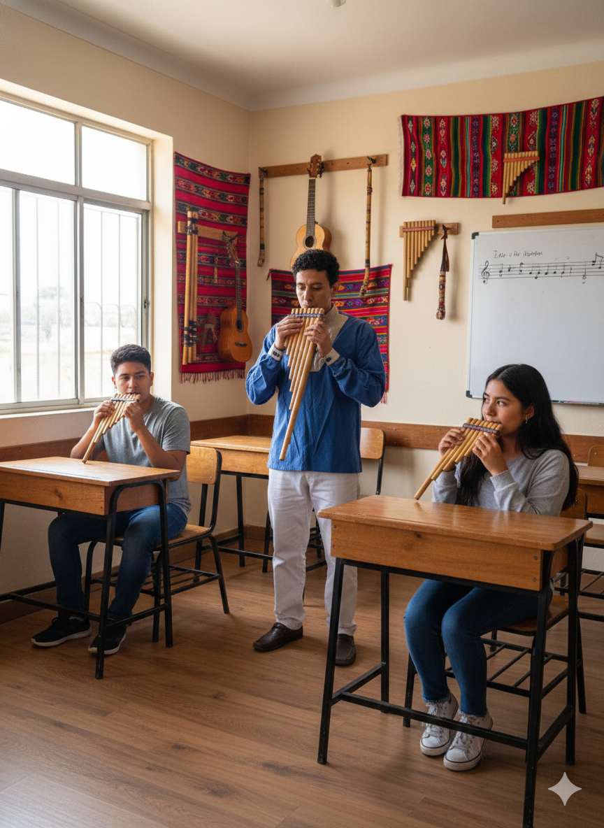 profesor de tecnica de ejecucion de instrumentos andinos con sus alumnos