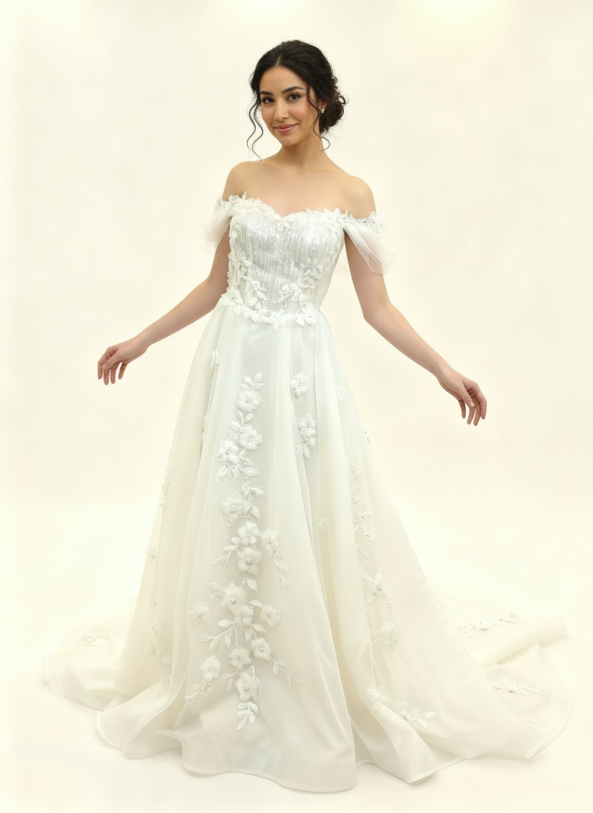 Elegant off-the-shoulder wedding dress with floral lace appliqués and a beaded sweetheart bodice.