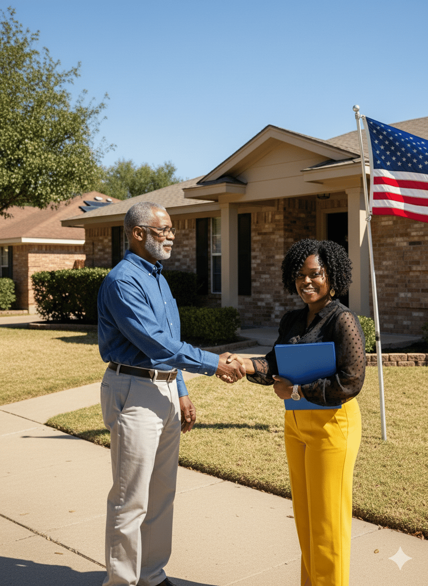 a man and woman shaking hands in front of a flag