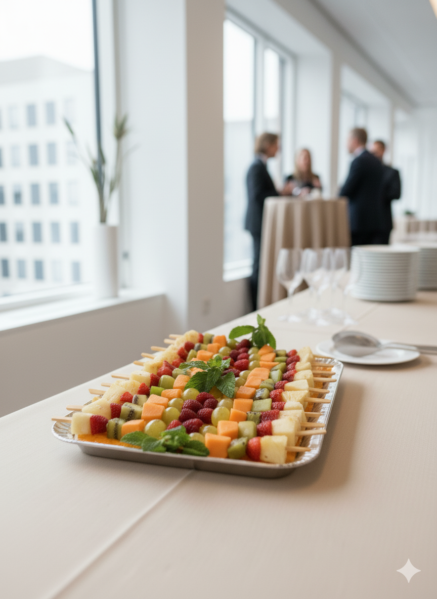 a tray of fruit on a table with a tray of fruit