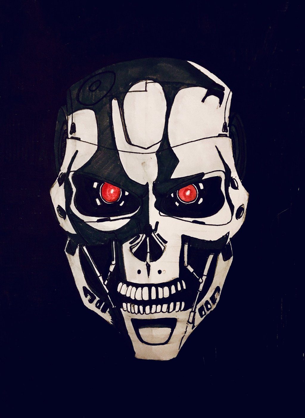 A marker drawing of the terminator. high contrast. black background.