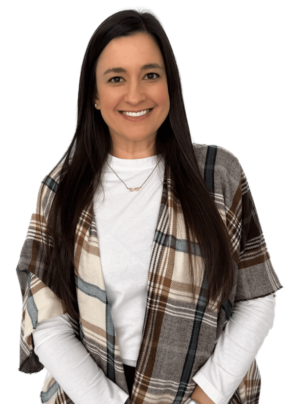 woman with long dark hair wearing a a white shirt and plaid scarf