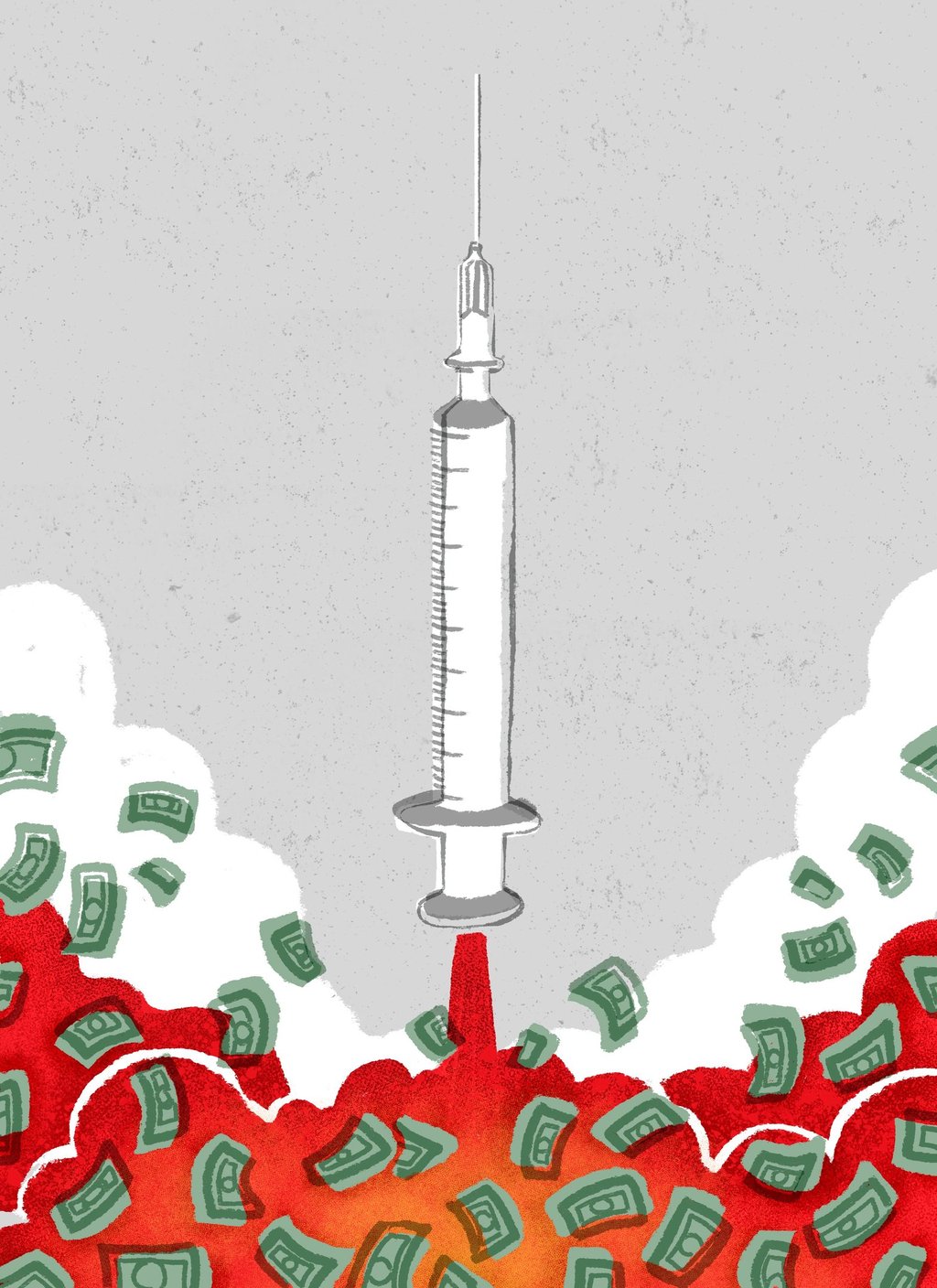 a vaccine imitating a rocket takes off while a lof of money bills fly