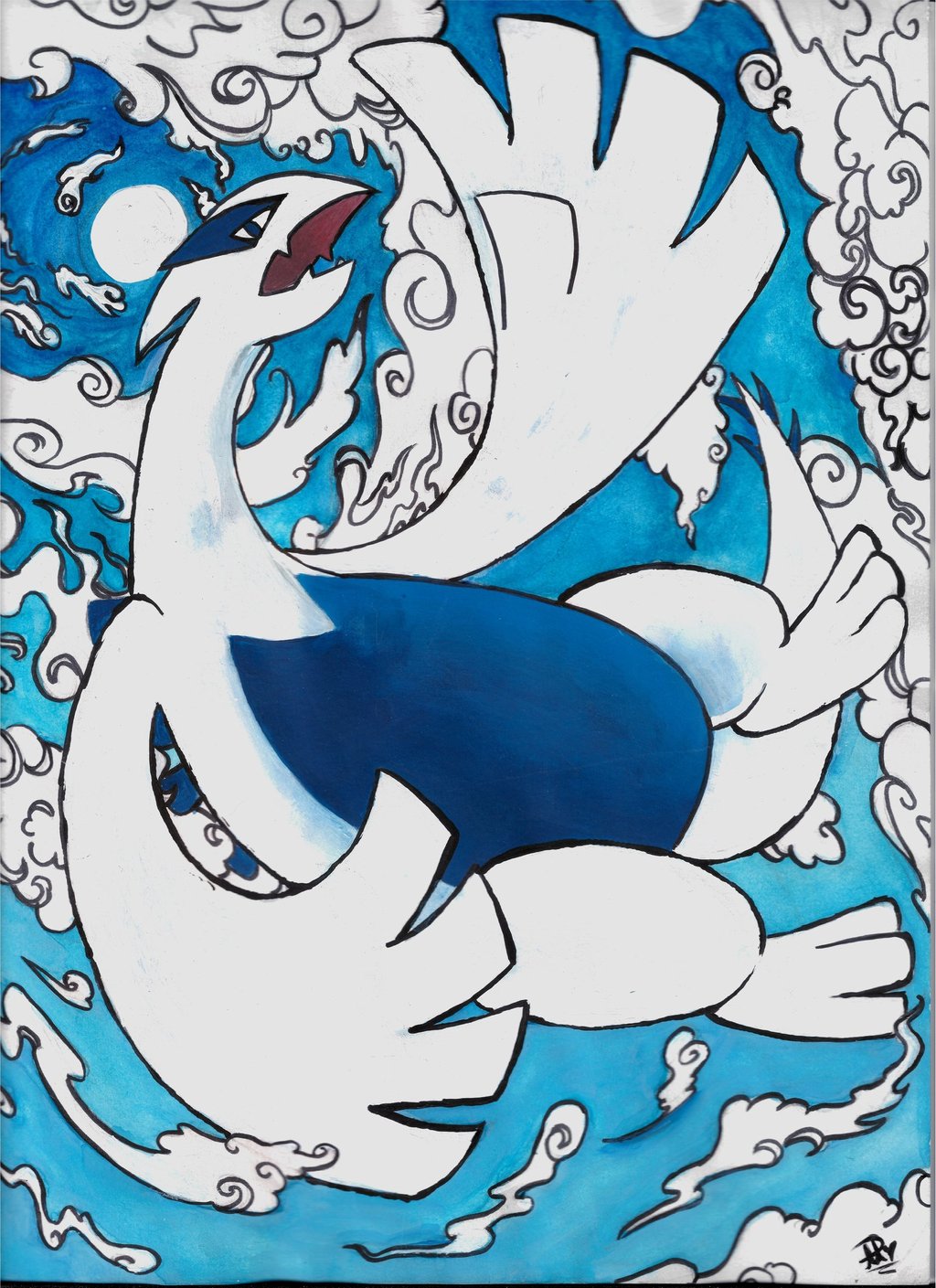 gouache painting of lugia, pokemon, second gen. 2nd gen. 