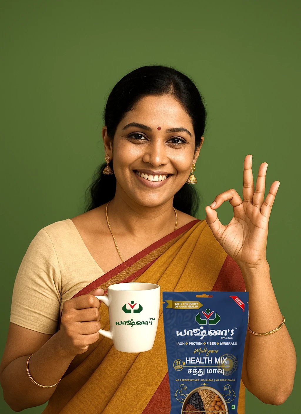 a south indian woman expressing the better taste of yashnas health mix